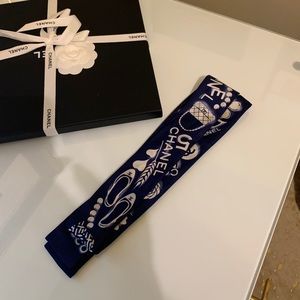 Silk Twill Slim Bandeau Scarf Navy Blue